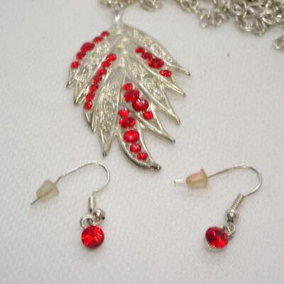 Silver Tone Red Rhinestone Necklace & Earring Set 