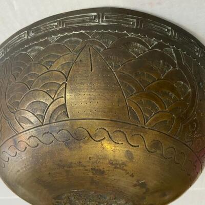 MING XUANDE Antique Solid Brass China Chinese Etched Art Design Bowl 10"