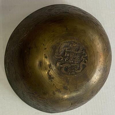 MING XUANDE Antique Solid Brass China Chinese Etched Art Design Bowl 10"