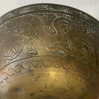 MING XUANDE Antique Solid Brass China Chinese Etched Art Design Bowl 10"