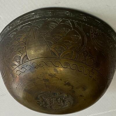 MING XUANDE Antique Solid Brass China Chinese Etched Art Design Bowl 10"