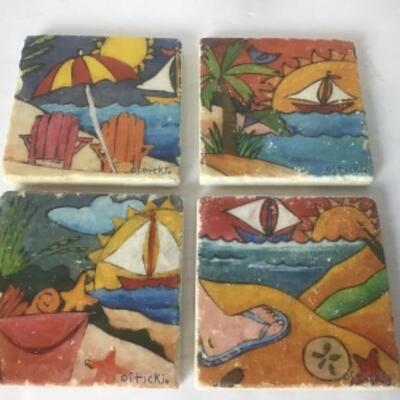 Q - 1260  Signed art by Brian Andreas / Painted Tiles Coasters  / Wine Stoppers  