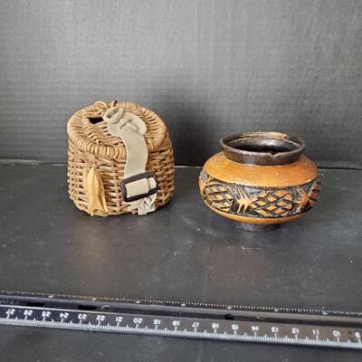 Wood Pot and Miniature Fish Basket Lot