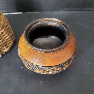 Wood Pot and Miniature Fish Basket Lot