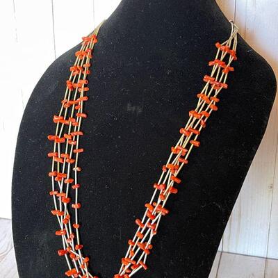 Lot 30  Native American Necklace Red Branch Coral & Liquid Silver 