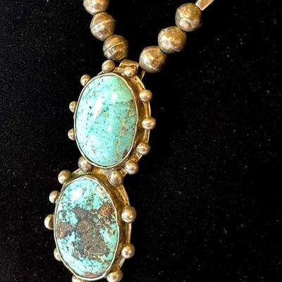 Lot 31  Native American Silver & Turquoise Double Stone Pendant Necklace 
