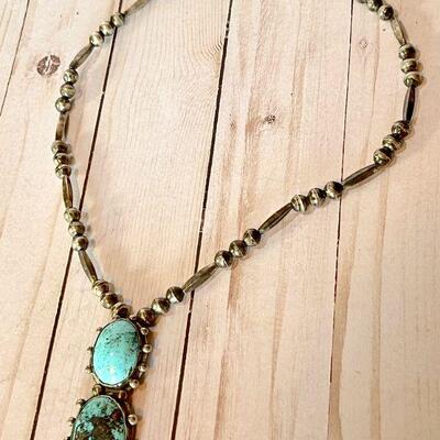 Lot 31  Native American Silver & Turquoise Double Stone Pendant Necklace 