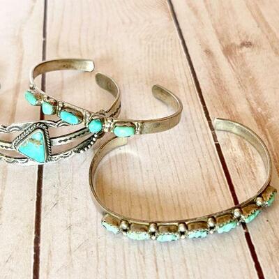 Lot 36  Vintage Native American Jewelry Navajo Silver & Turquoise Cuff Bracelets Group of 3  