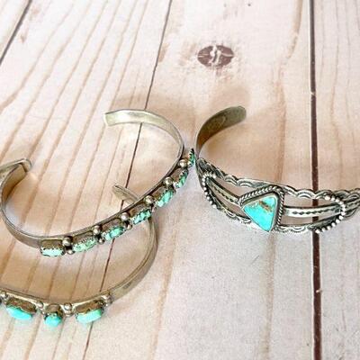 Lot 36  Vintage Native American Jewelry Navajo Silver & Turquoise Cuff Bracelets Group of 3  