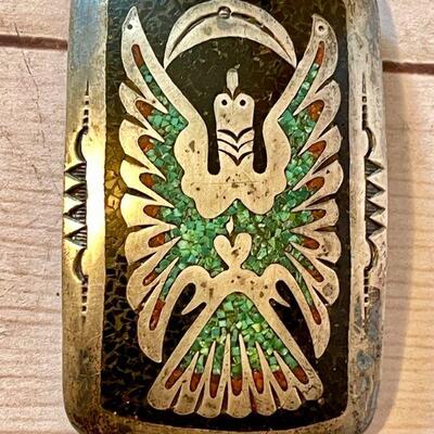 Lot 39  Vintage Native American Men's Belt Silver Buckle & Ring Micro Mosaic Inlay 