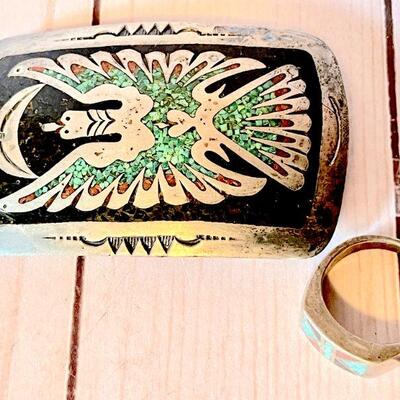 Lot 39  Vintage Native American Men's Belt Silver Buckle & Ring Micro Mosaic Inlay 