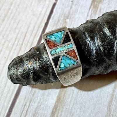Lot 39  Vintage Native American Men's Belt Silver Buckle & Ring Micro Mosaic Inlay 