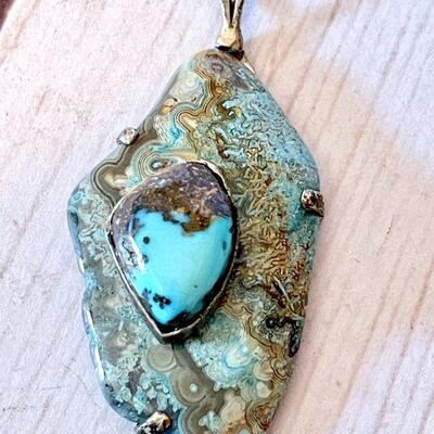 Lot 42  Native American Jewelry Polished Rock Turquoise With A Turquoise Stone Set Atop Modernist Look Pendant