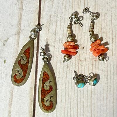 Lot 44  Native American Jewelry Group of 3 Pairs of Post Earrings for Pierced Ears 