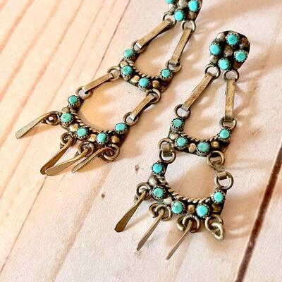 Lot 45  Native American Jewelry Silver & Turquoise Chandelier Post Earrings