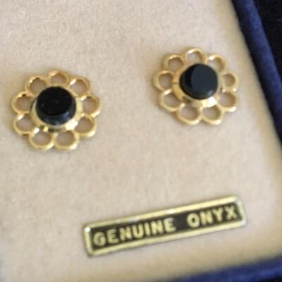 Gold Tone and Onyx Earrings with 14k Gold Posts and Reticulated Flower