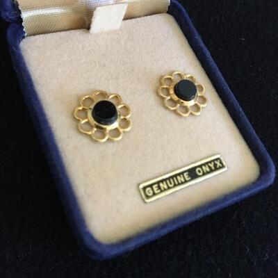 Gold Tone and Onyx Earrings with 14k Gold Posts and Reticulated Flower