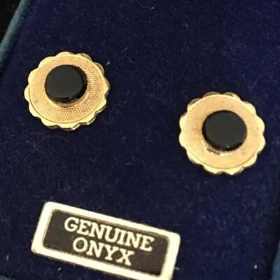 Gold Tone and Onyx Earrings with 14k Gold Posts