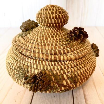 Lot 48  Native American Basketry Pine Needle Basket Pine Cone Trim 
