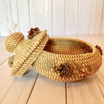 Lot 48  Native American Basketry Pine Needle Basket Pine Cone Trim 