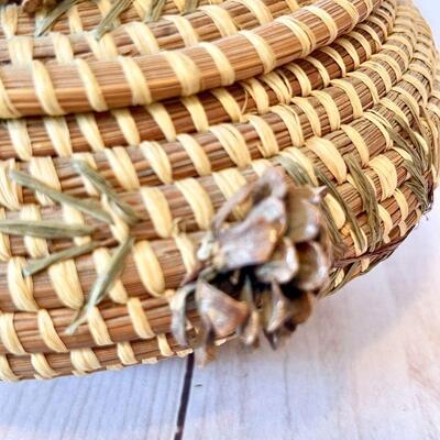 Lot 48  Native American Basketry Pine Needle Basket Pine Cone Trim 