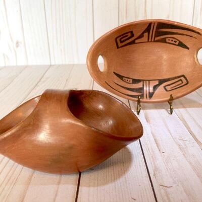  Lot 57  Native American Red Ware Medicine Bowl & Decorated Pierced Shallow Bowl