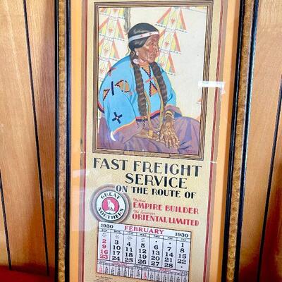 LOT 68  Framed 1930s Calendar from Great Northern Native American Long Time Pipe Woman