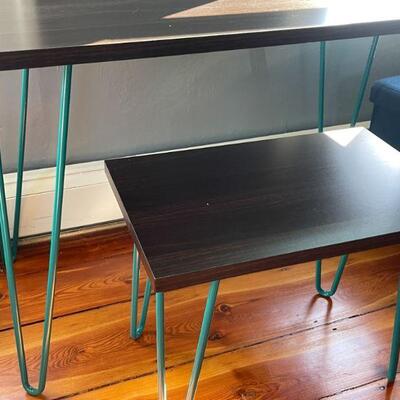 1: Student Desk and Bench with Teal Hairpin Legs