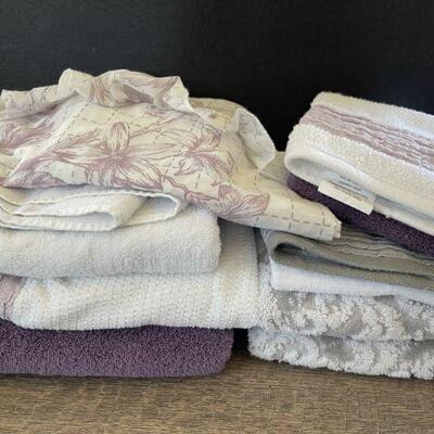 22: Grey & Purple Bath Towels and Shower Curtain