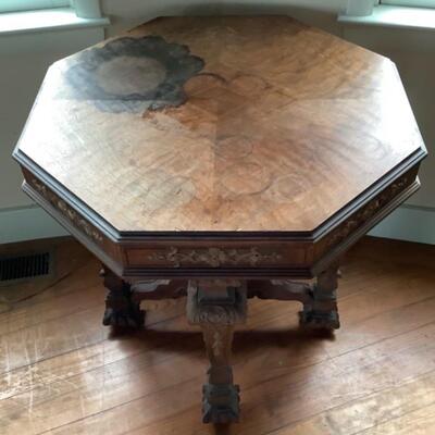 2035 Antique Octagon Table with Floral Fretwork and Neoclassical Design Carved Stretcher