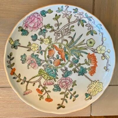 Pair Antique Chinese Porcelain Famille Rose  raised rim plates Lotus Bat 