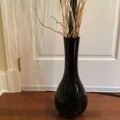 Q - 1279  Large Black Glass Vase with Willow Branches 