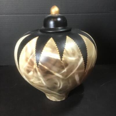 Q - 1282  Artisan Signed Large Tan / Black Pottery Jar with Lid 