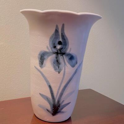 Signed Art Pottery Vase in Cobalt on Cream  by Nancy Bishop