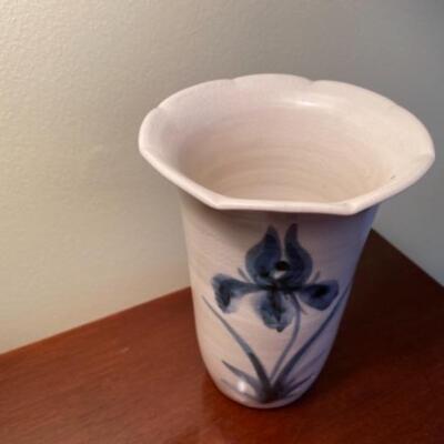 Signed Art Pottery Vase in Cobalt on Cream  by Nancy Bishop
