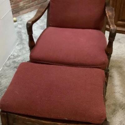 2038 Vintage Feudal Oak Upholstered Armchair and Ottoman