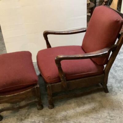 2038 Vintage Feudal Oak Upholstered Armchair and Ottoman
