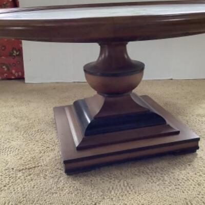 2050 Vintage Ethan Allen Round Marble Top Coffee Table with Black and Brown Square Base