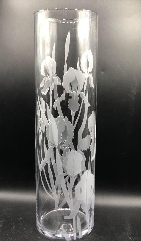 Signed PERRY COYLE Iris flower Vase Etched Cut Glass 19" tall cylinder |  EstateSales.org