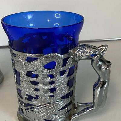 Pair Blue Japanese Glass & silver Plate Sailor's Tankard