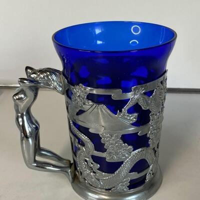 Pair Blue Japanese Glass & silver Plate Sailor's Tankard