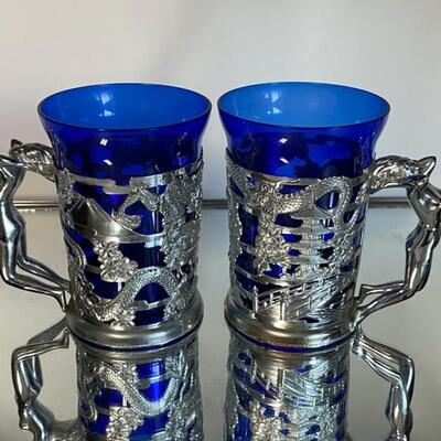 Pair Blue Japanese Glass & silver Plate Sailor's Tankard
