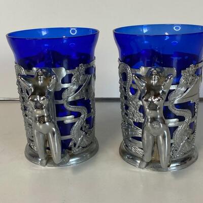 Pair Blue Japanese Glass & silver Plate Sailor's Tankard