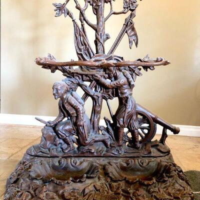 LOT 313   ANTIQUE REPRODUCTION FRENCH CAST METAL HAT RACK CORNEAU BROS. MILITARY FIGURES UMBRELLA STAND ORNATE 