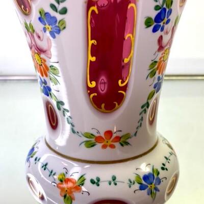 Bohemian Moser Encased Cranberry Milk Glass Hand painted Vase 