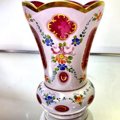 Bohemian Moser Encased Cranberry Milk Glass Hand painted Vase 
