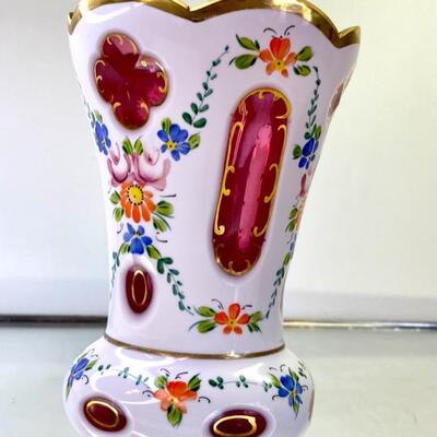 Bohemian Moser Encased Cranberry Milk Glass Hand painted Vase 