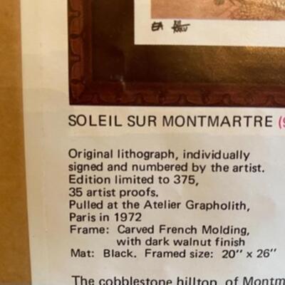 PARIS Lithograph Denis Paul Noyer SOLEIL SUR MONTMARTRE with French Carved Frame