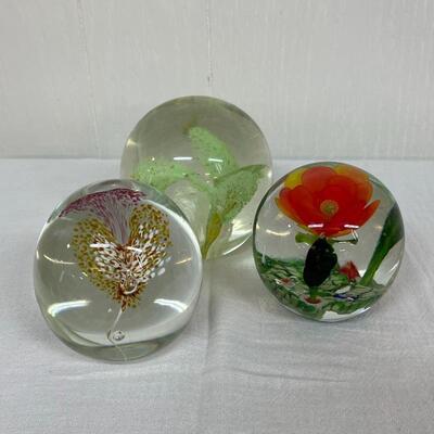 3 Round Glass Floral Paperweights