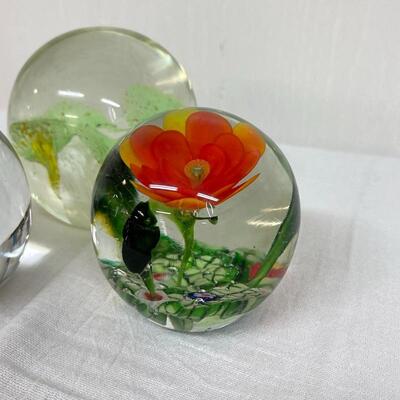 3 Round Glass Floral Paperweights